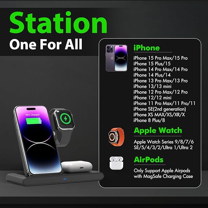 Foldable Wireless Charger Stand for iPhone, Watch & AirPods